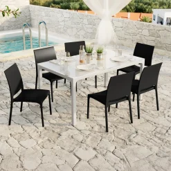 Set tavolo da giardino esterno dehors con vetro 150x90 cm bianco + 6 sedie nero Ivy