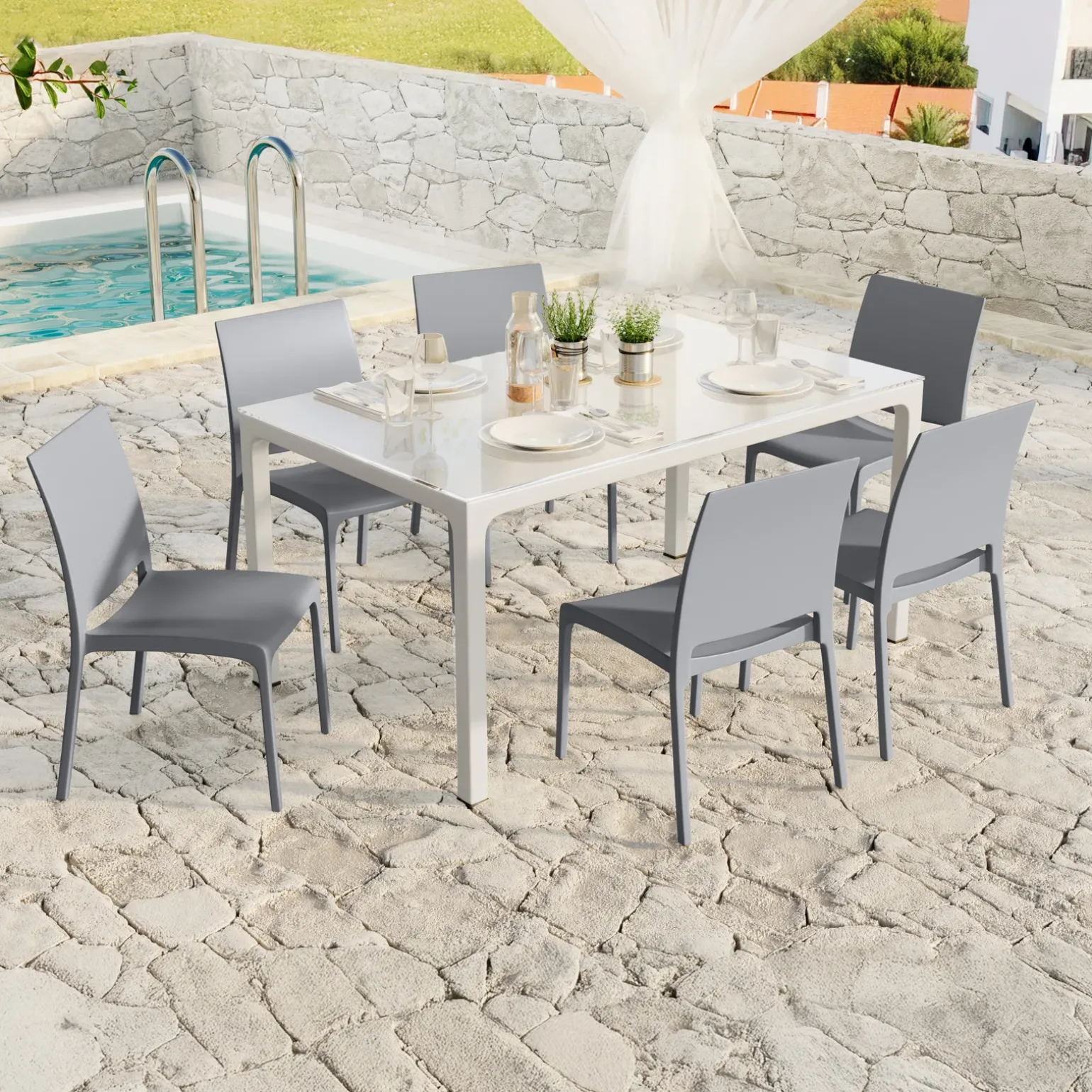 Set tavolo da giardino esterno dehors con vetro 150x90 cm bianco + 6 sedie grigio Ivy