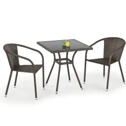 Set tavolo in vetro 70x70cm + 2 sedie da giardino in rattan marrone Cubby