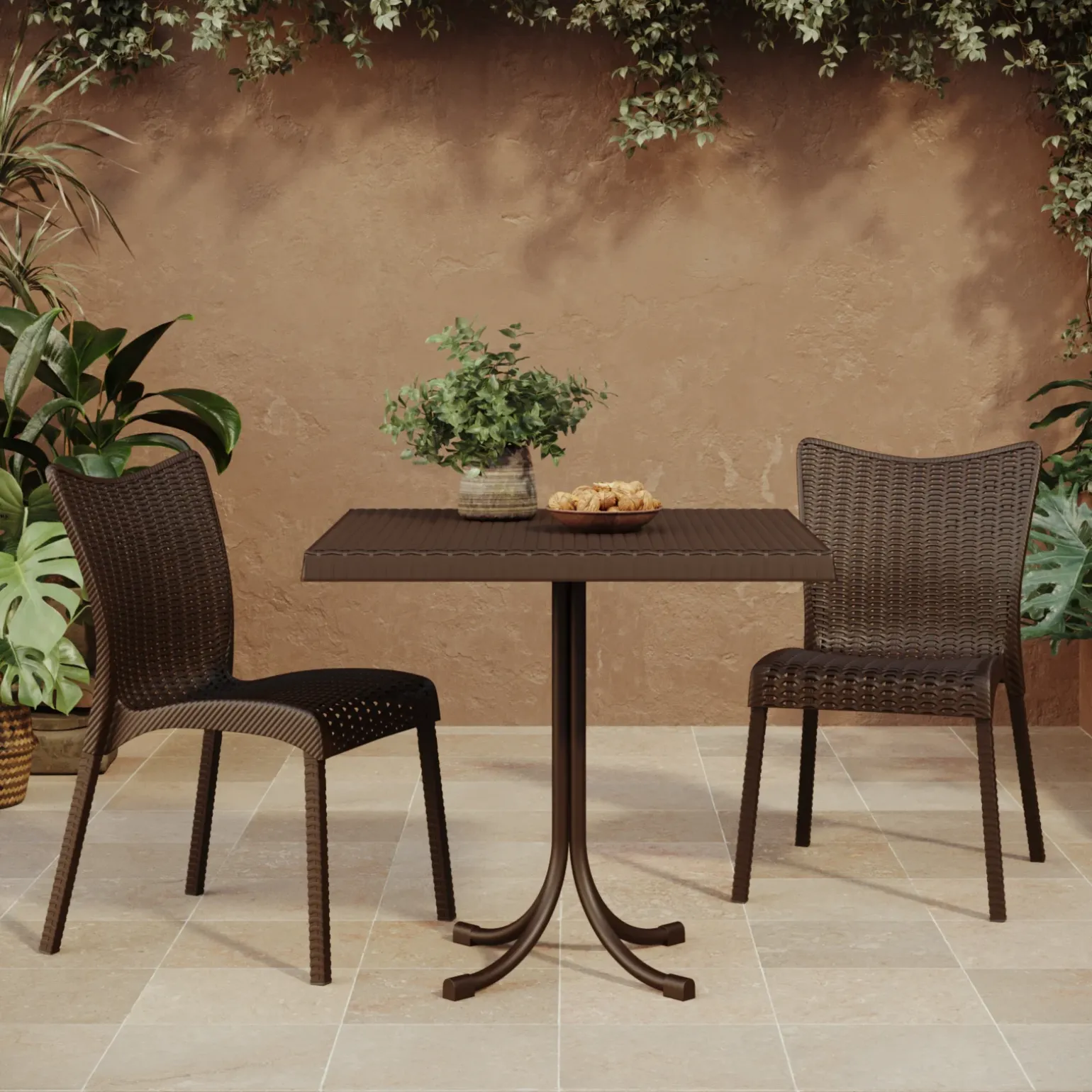 Set tavolo 80x80cm + 2 sedie da giardino polipropilene marrone Blossom