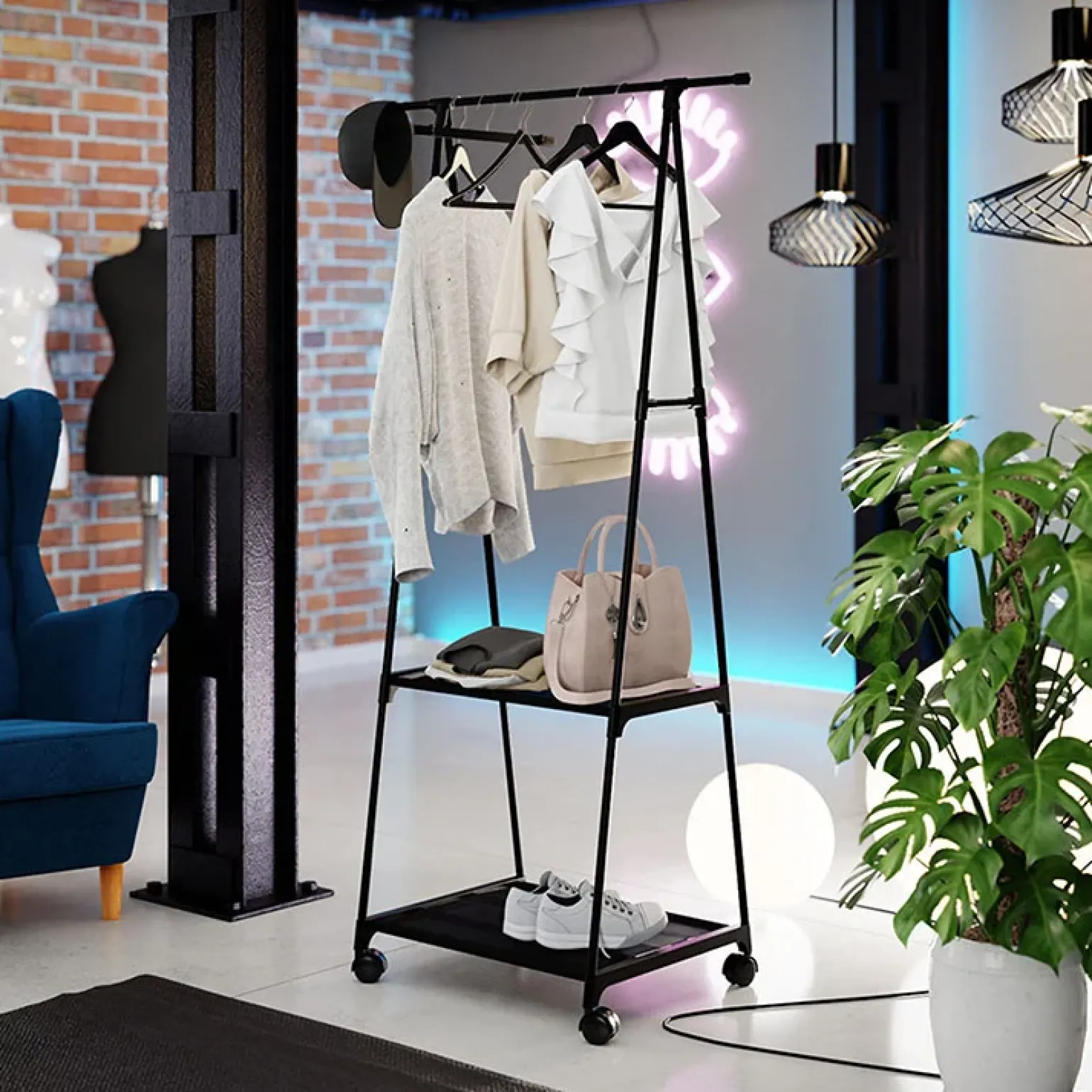 Stand appendiabiti 85x157h cm con ruote moderno nero Dustin