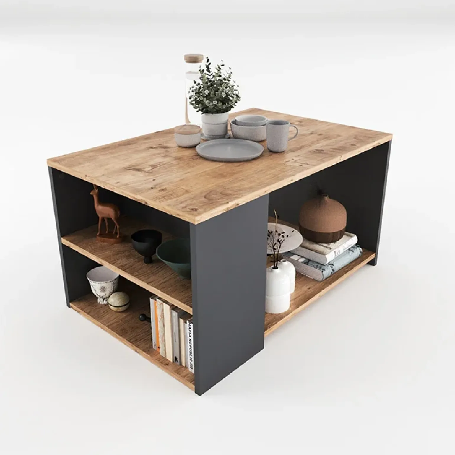 Tavolino da salotto con ripiani 90x48cm antracite rovere Luzon