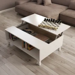 Tavolino da salotto contenitore 100x68cm design elevabile bianco rovere Ines