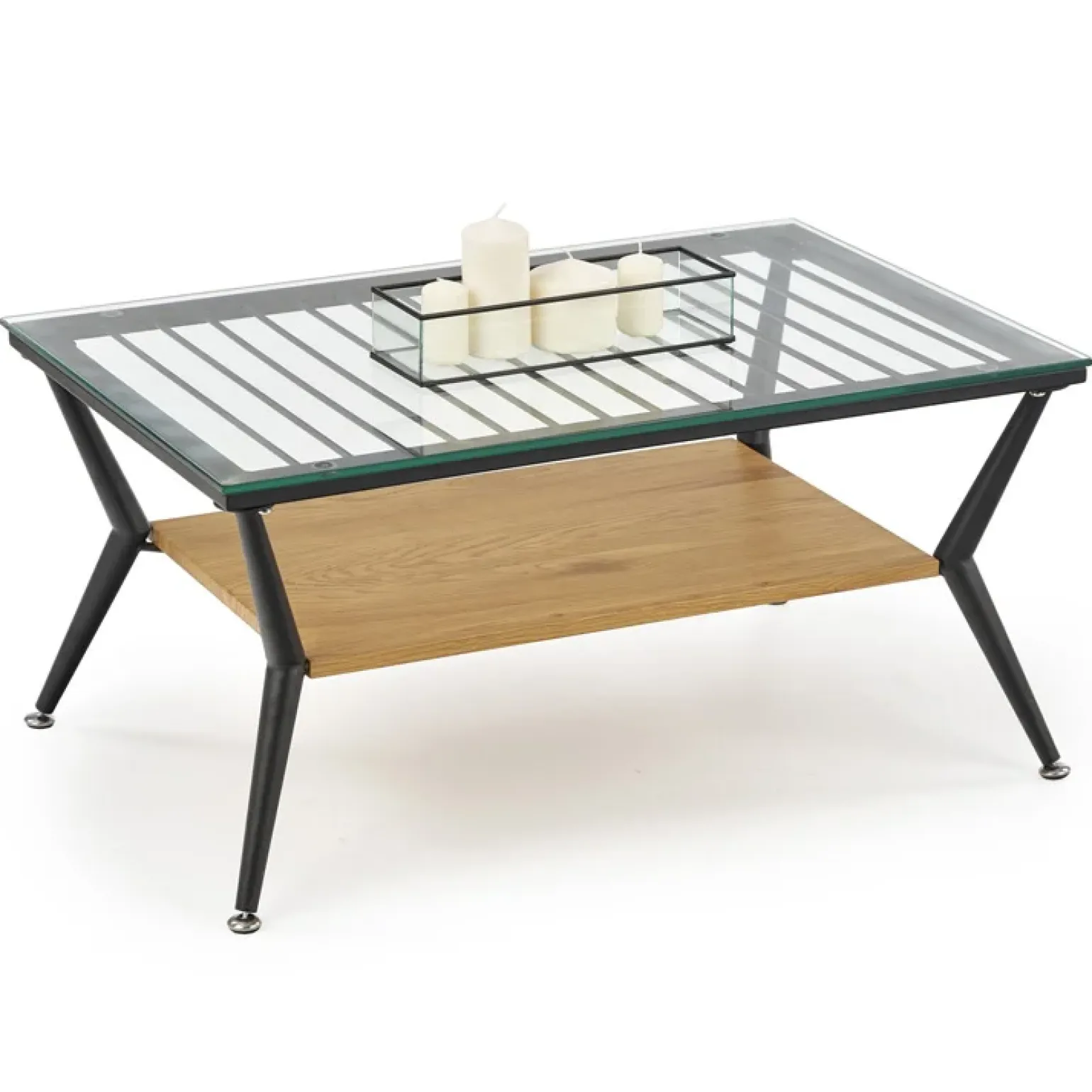 Tavolino da salotto in vetro moderno 80x38h cm rovere miele nero Ribe