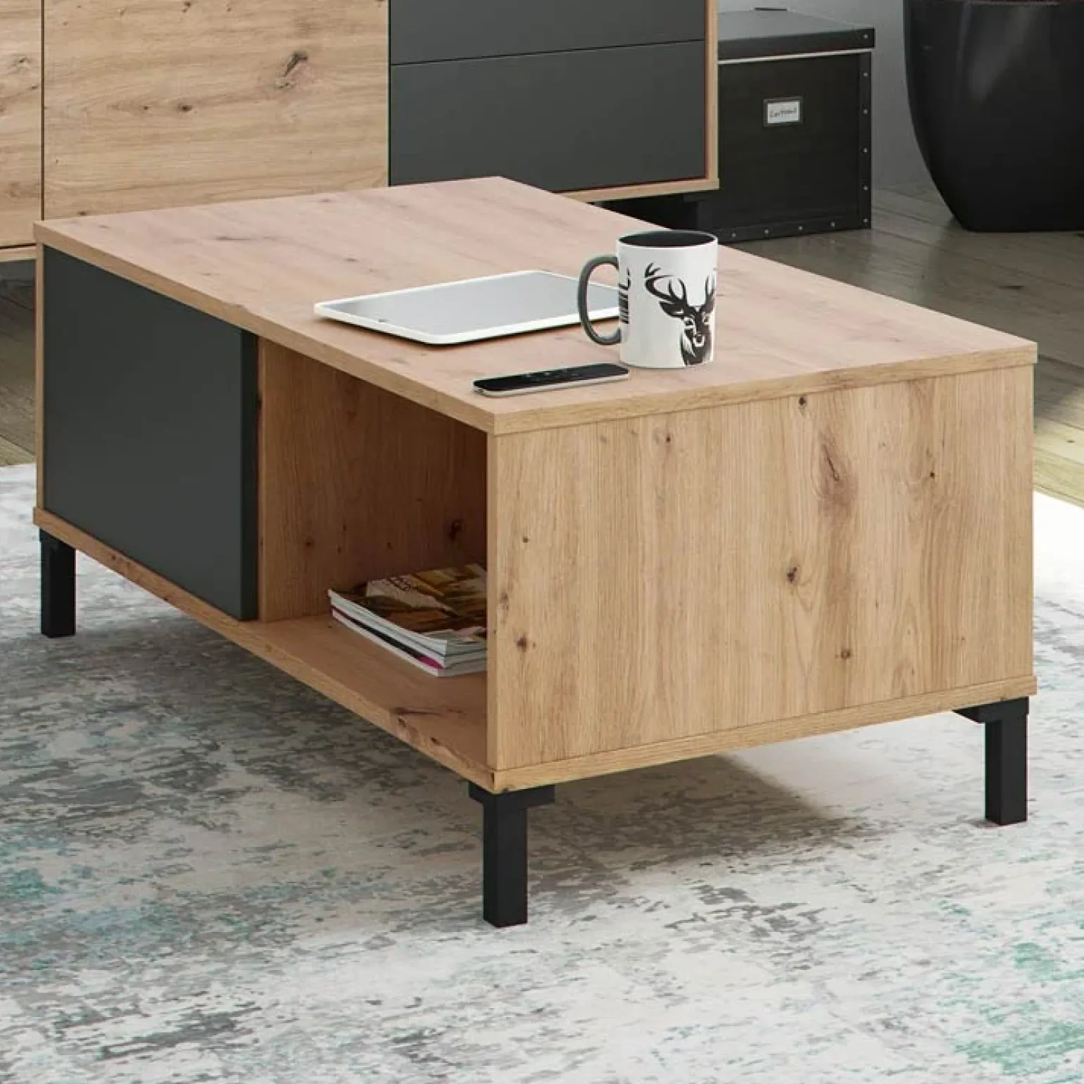 Tavolino da salotto moderno design 100x50cm rovere nodato antracite Rory