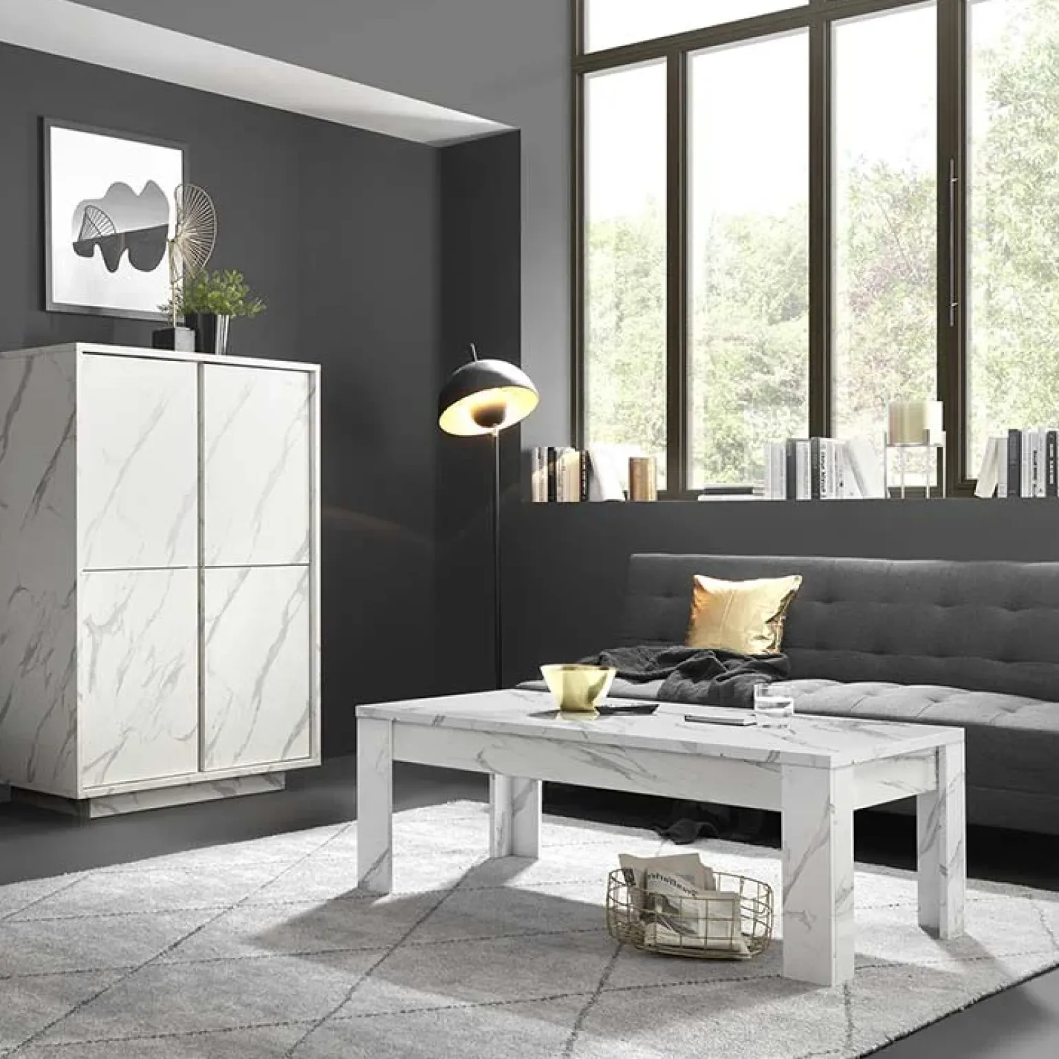 Tavolino da salotto moderno design 122x65cm marmo bianco Viking