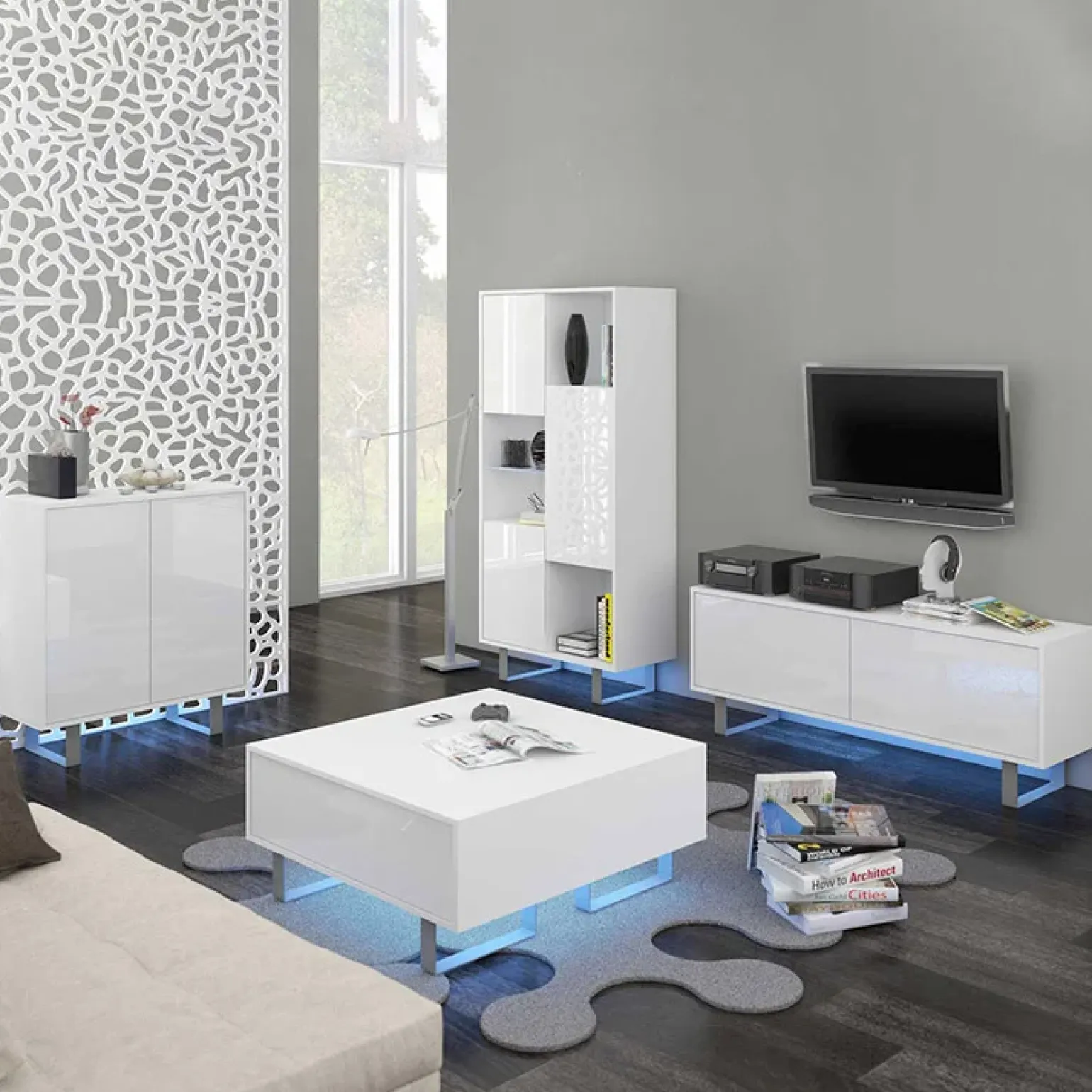 Tavolino da salotto moderno 85x85cm bianco opaco e lucido Milo