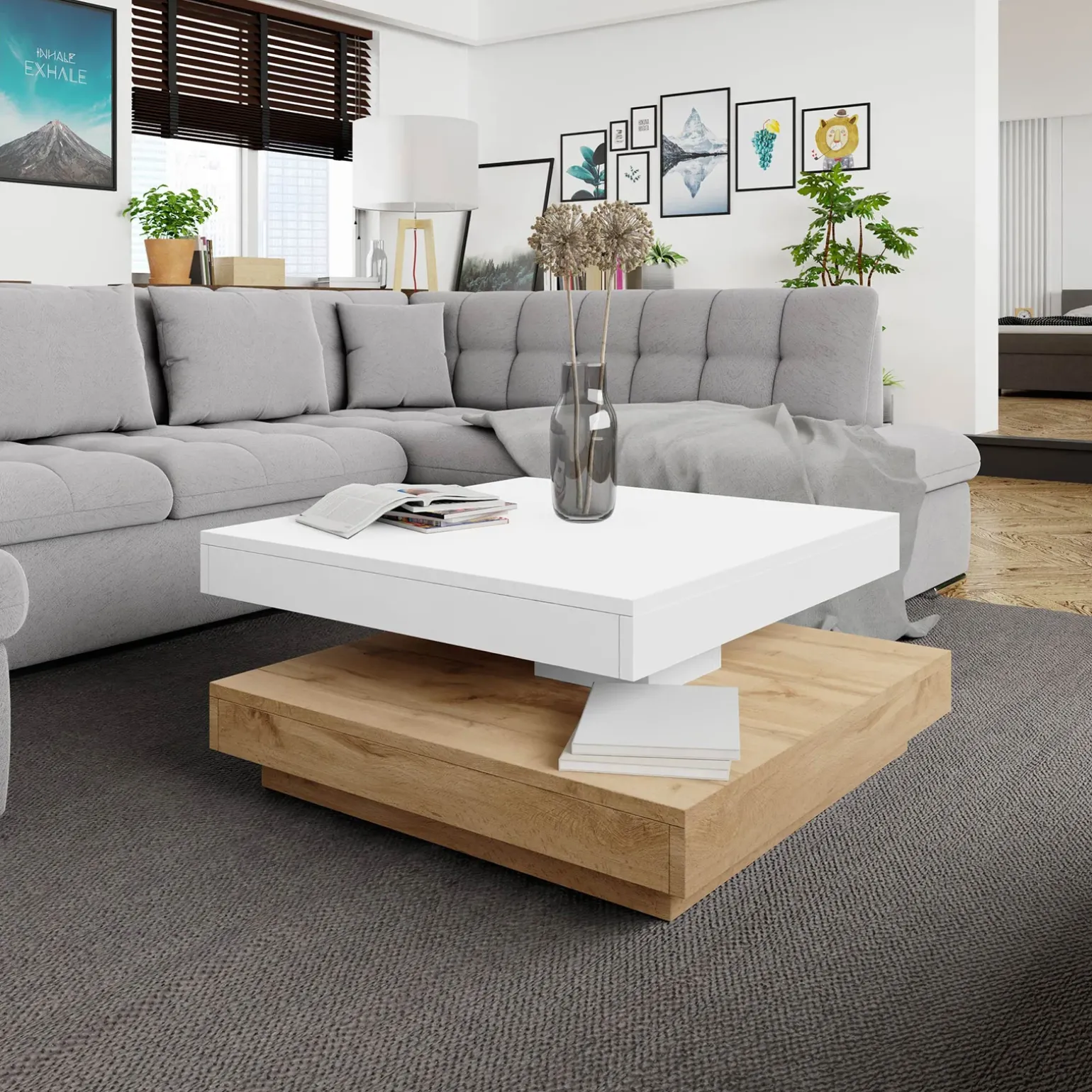 Tavolino da salotto quadrato 70x70cm rotante rovere bianco Rotol