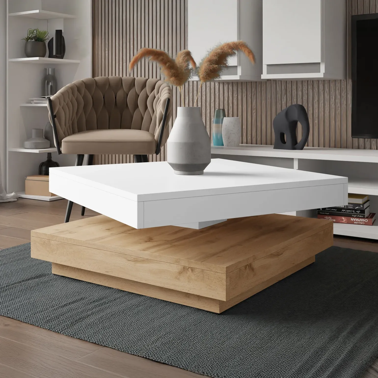 Tavolino da salotto quadrato 70x70cm rotante rovere bianco Rotol