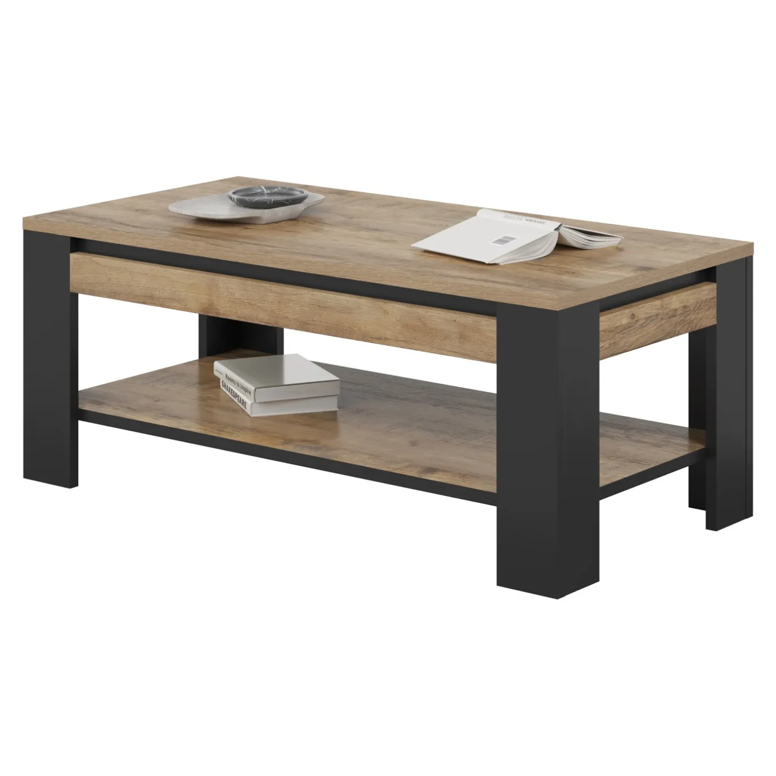 Tavolino da salotto 120x60 cm moderno rovere rustico nero Ilyssa