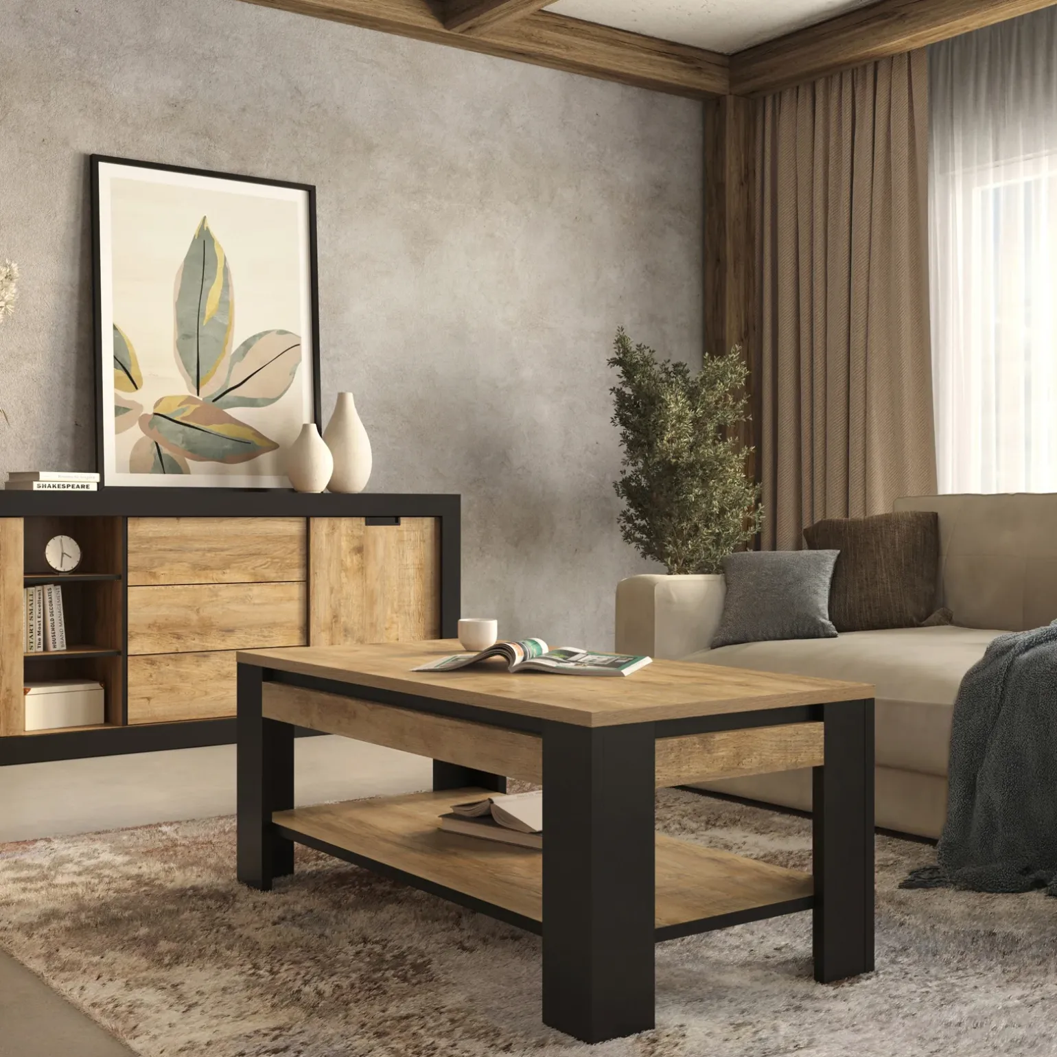 Tavolino da salotto 120x60 cm moderno rovere rustico nero Ilyssa