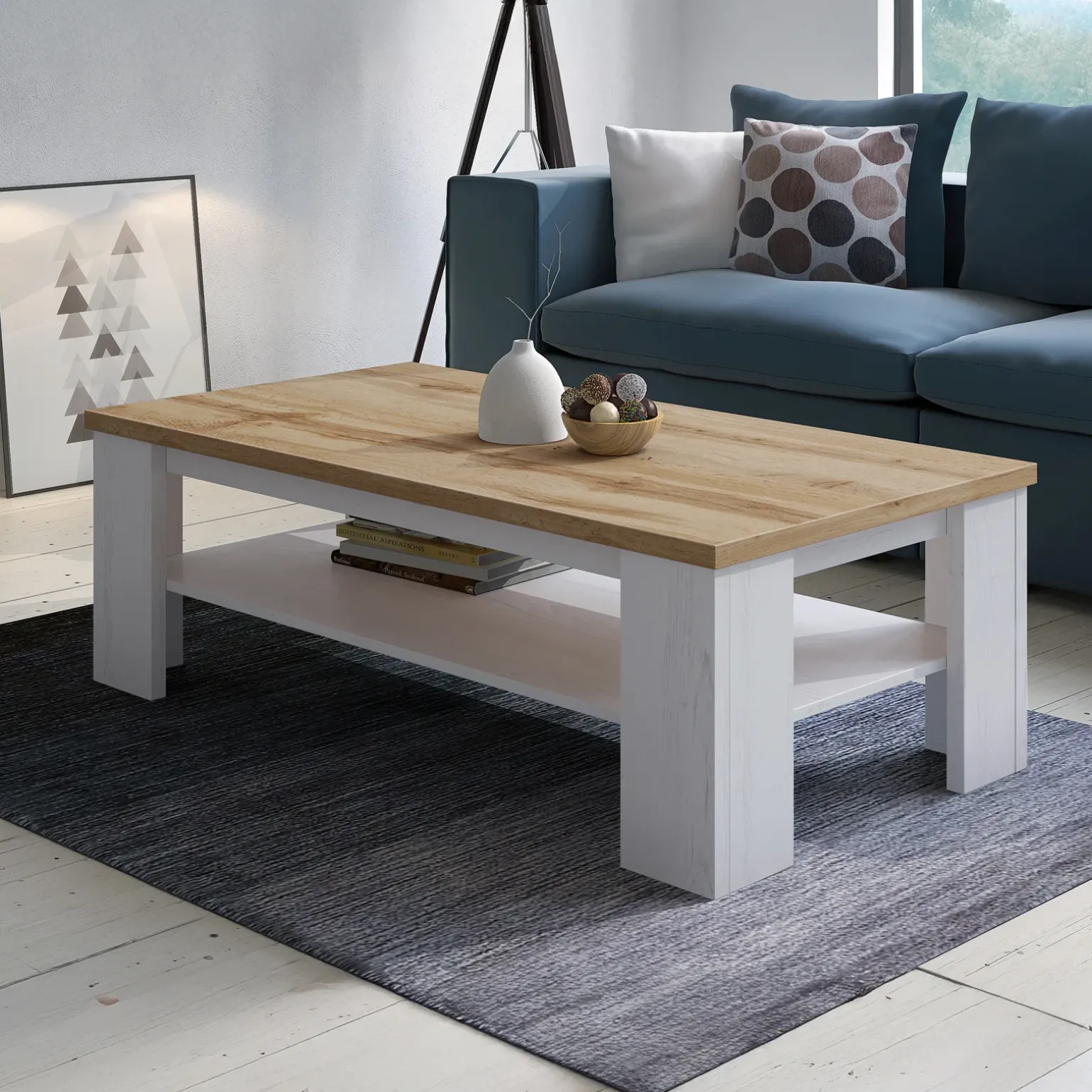 Tavolino da salotto 130x67cm 1 ripiano moderno bianco frassinato rovere Islen