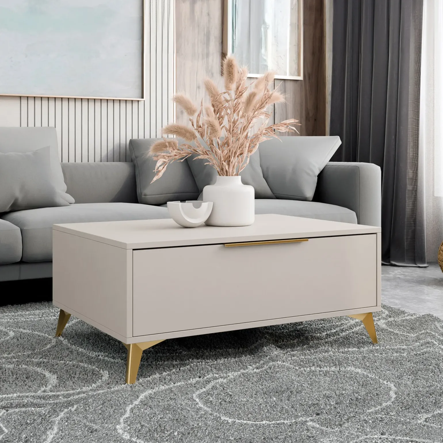 Tavolino da salotto 104x45cm 2 cassetti a frontale unico beige Miriam