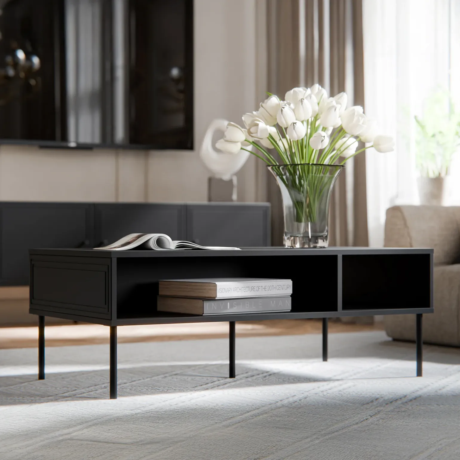 Tavolino da salotto 110x40cm 2 vani nero opaco Stark