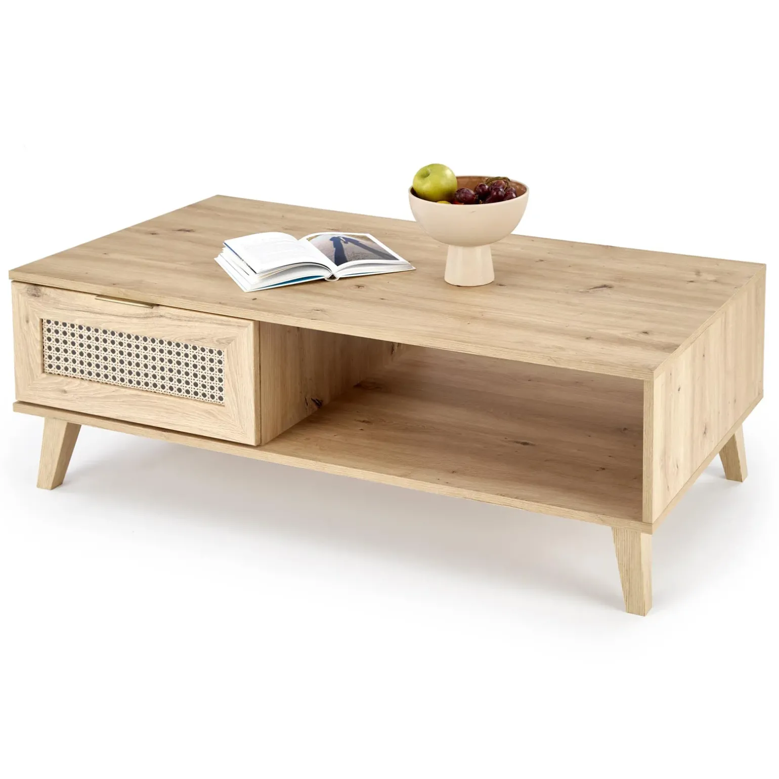 Tavolino da salotto 120x41cm 1 cassetto 1 vano a giorno moderno rovere Sombra