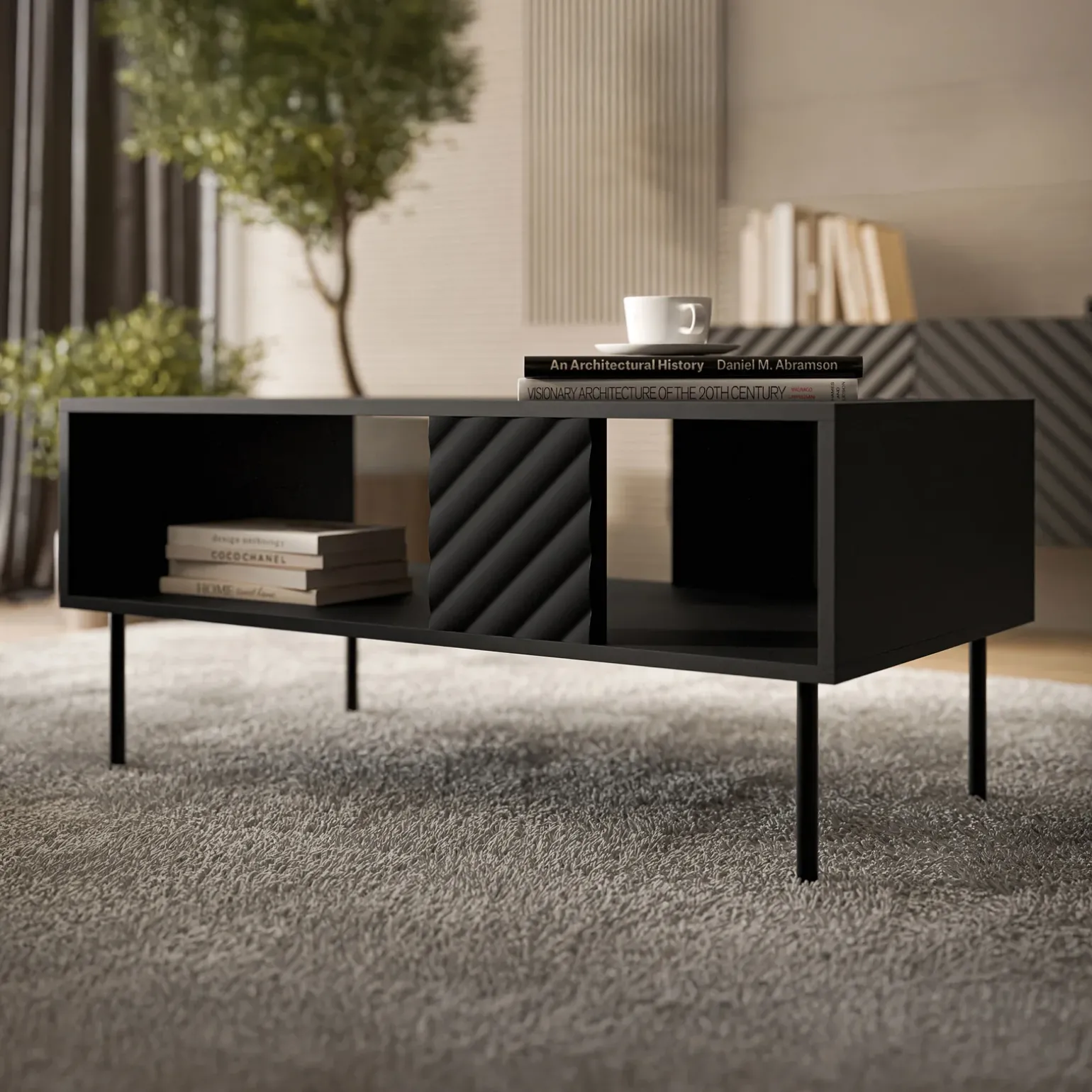 Tavolino da salotto 100x64cm con frontali decorati nero Daniele