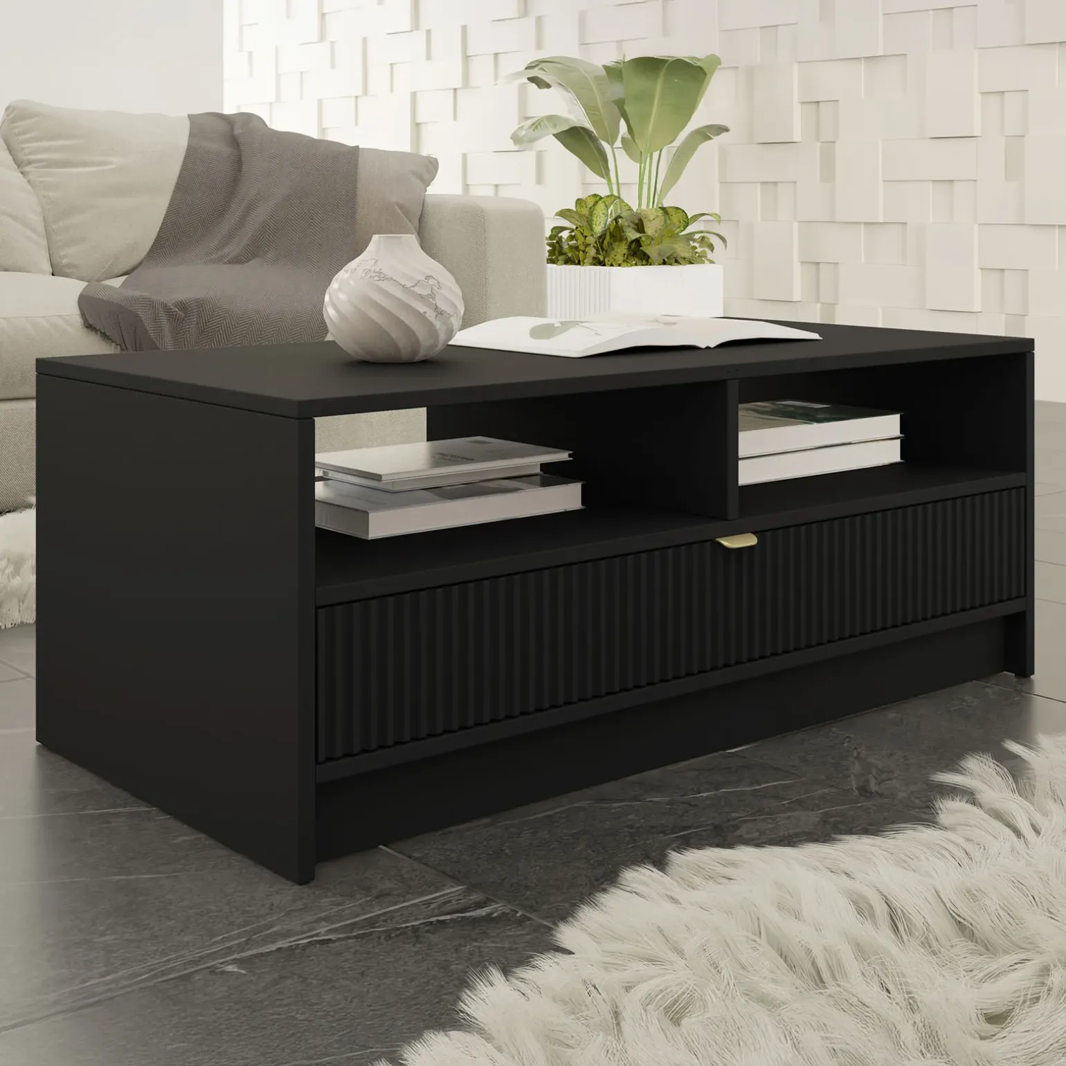 Tavolino da salotto 100x50cm con cassetto cannettato nero Athena
