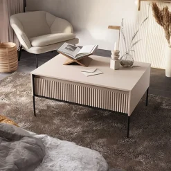 Tavolino da salotto 100x50cm cannettato beige nero Camelia