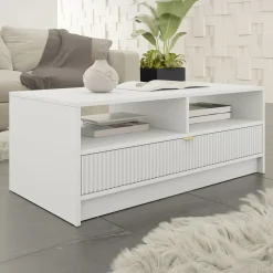 Tavolino da salotto 100x50cm con cassetto cannettato bianco Athena