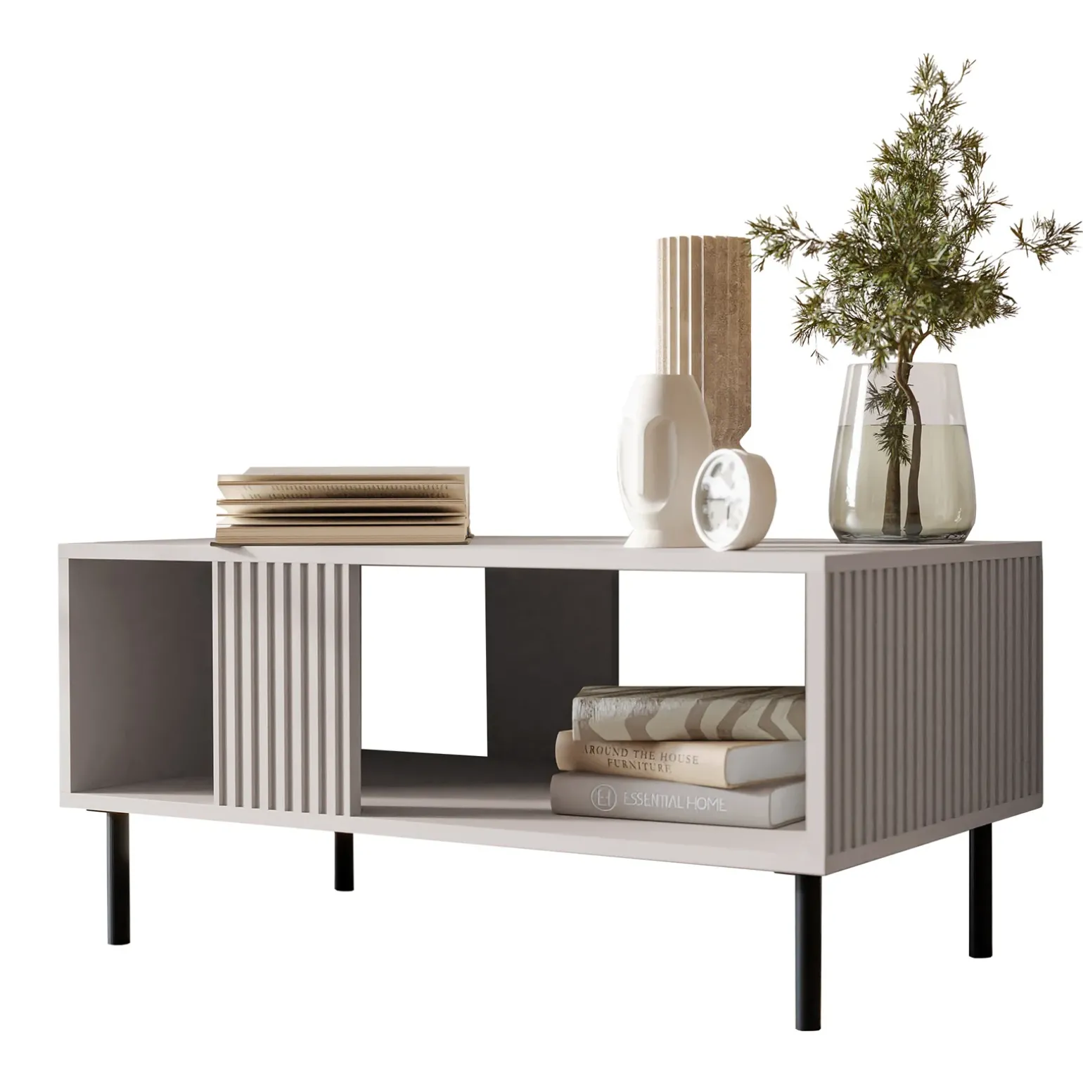 Tavolino da salotto 92x44cm con frontali cannettati beige Ziggy