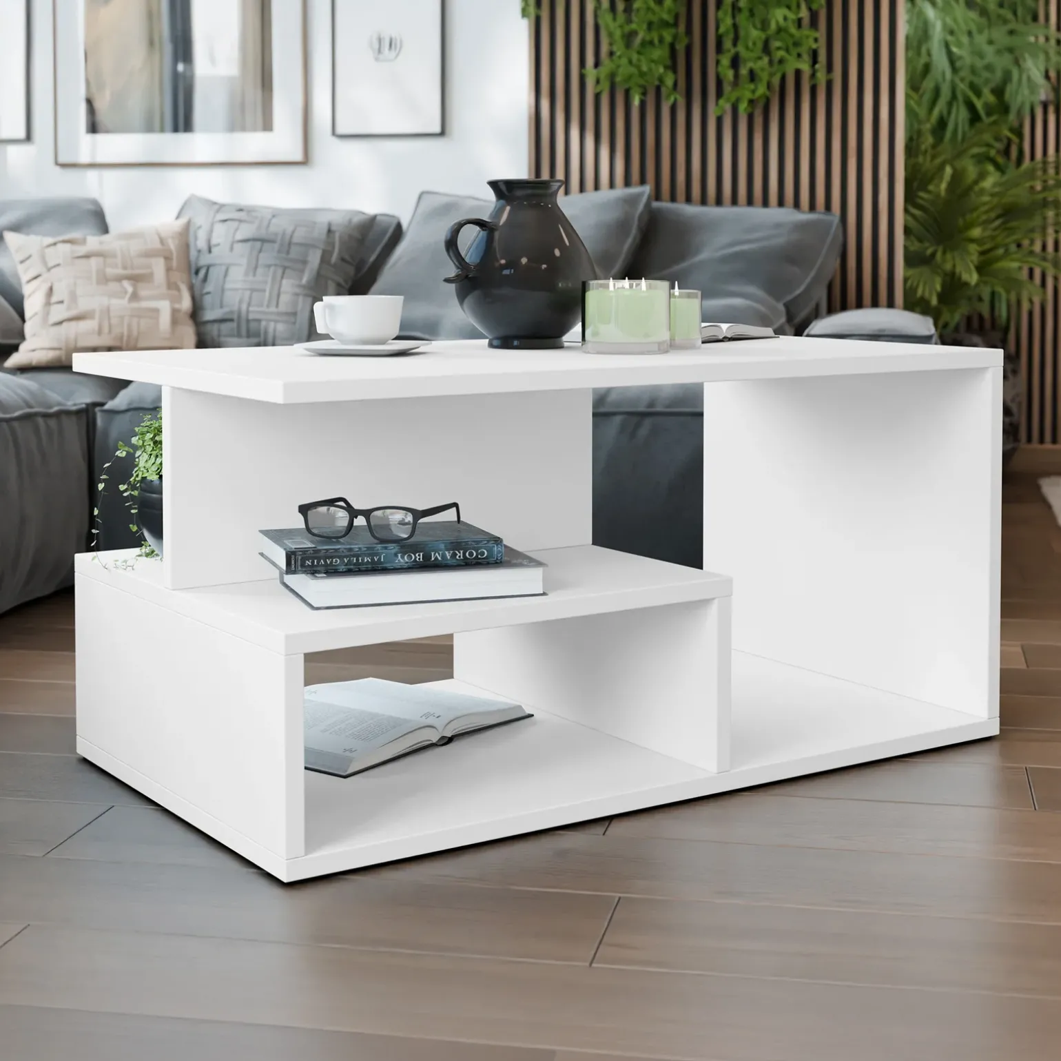 Tavolino da salotto 90x51cm design moderno bianco Miralys