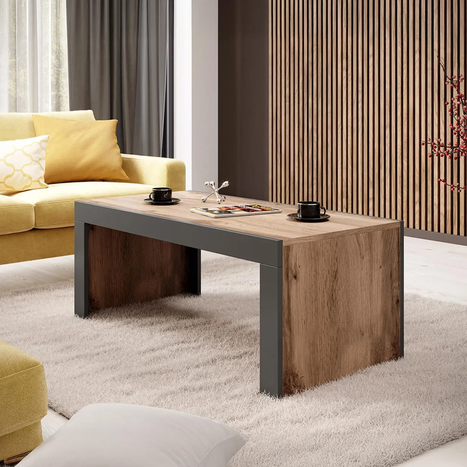 Tavolino da salotto 120x60cm moderno rovere rustico antracite Calyssa