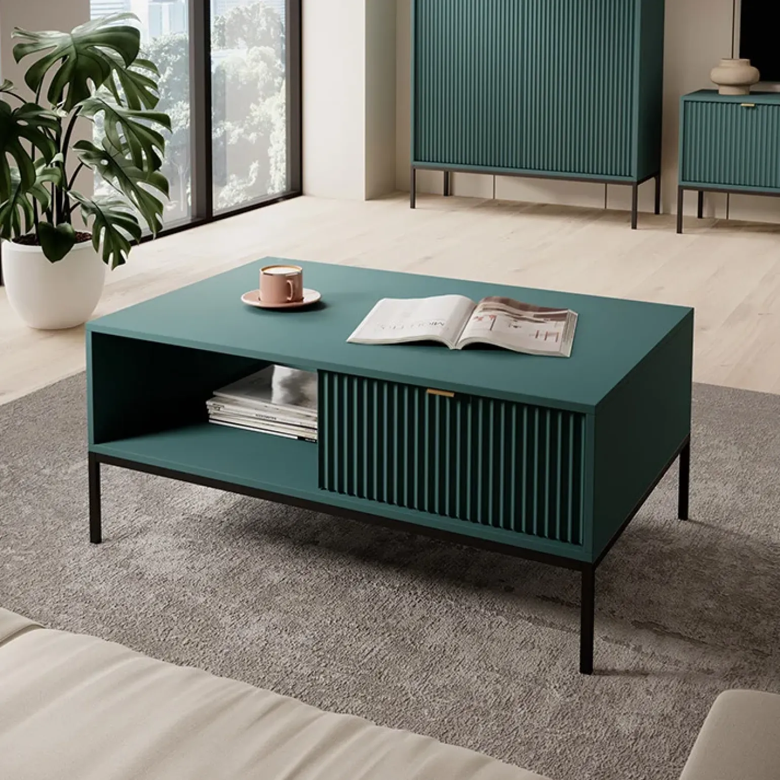 Tavolino da salotto 104x46cm moderno con cassetto cannettato verde Alisa