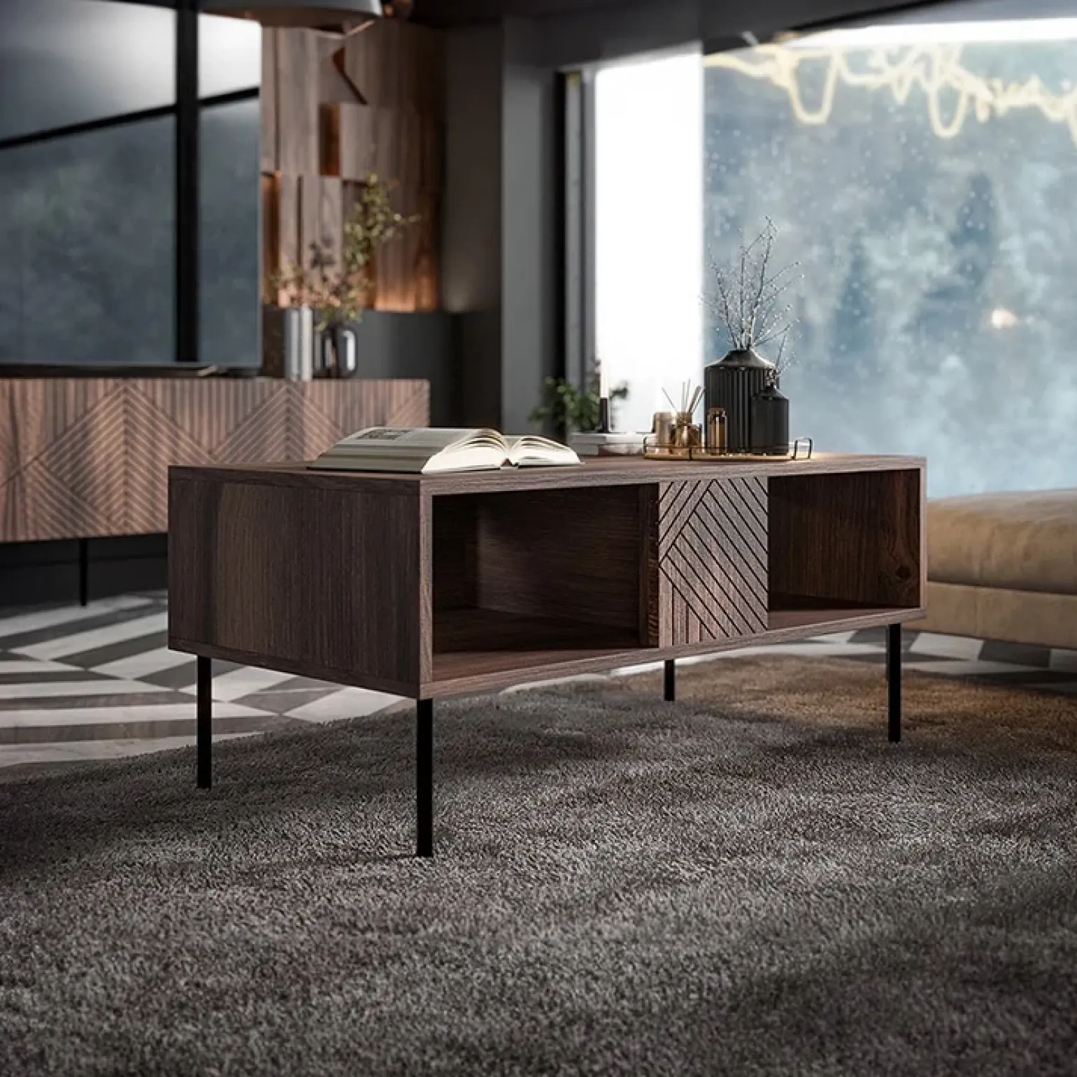 Tavolino da salotto 100x46cm noce scuro con frontali serigrafati Savanna