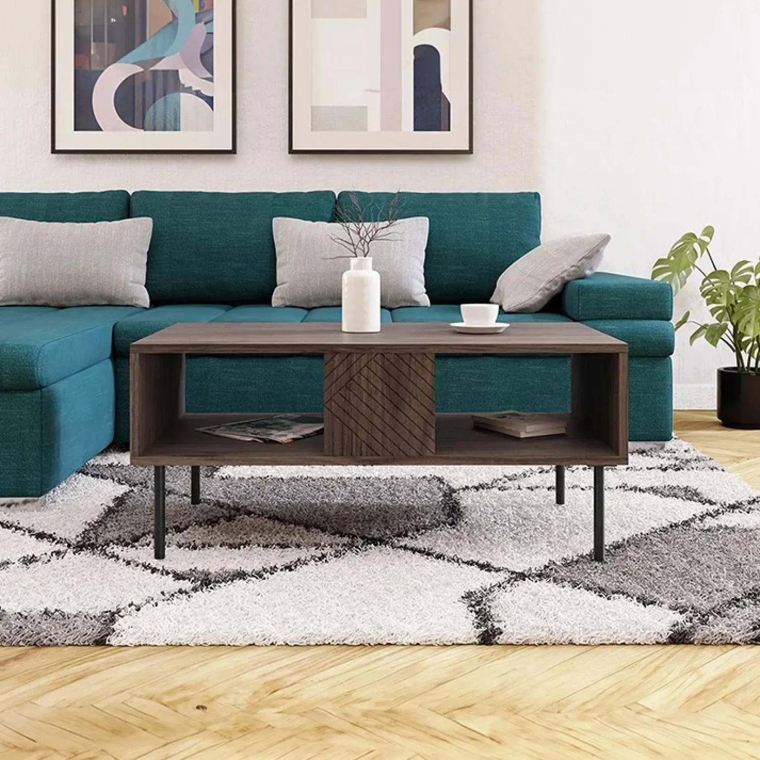 Tavolino da salotto 100x46cm noce scuro con frontali serigrafati Savanna