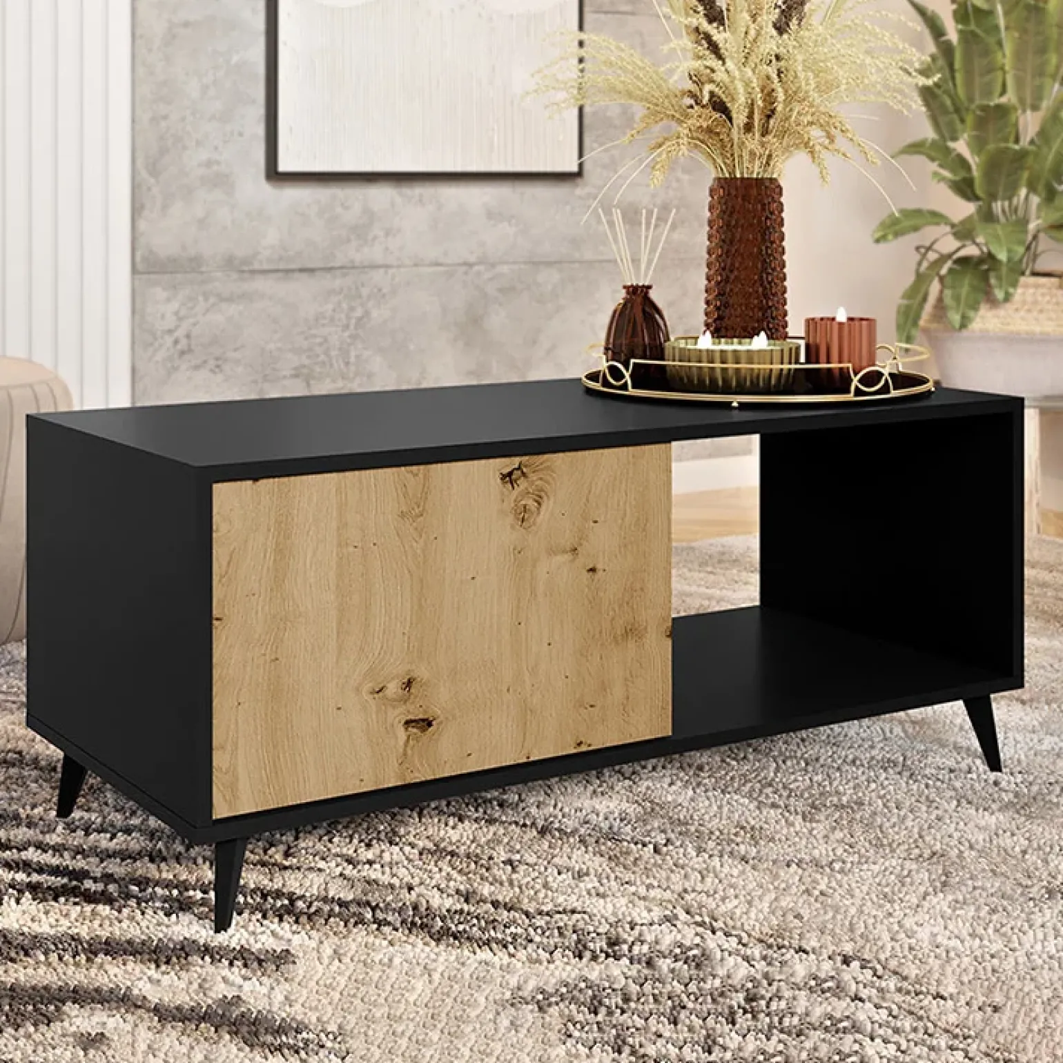 Tavolino da solotto 120x52cm 1 anta 2 vani rovere nero Hans