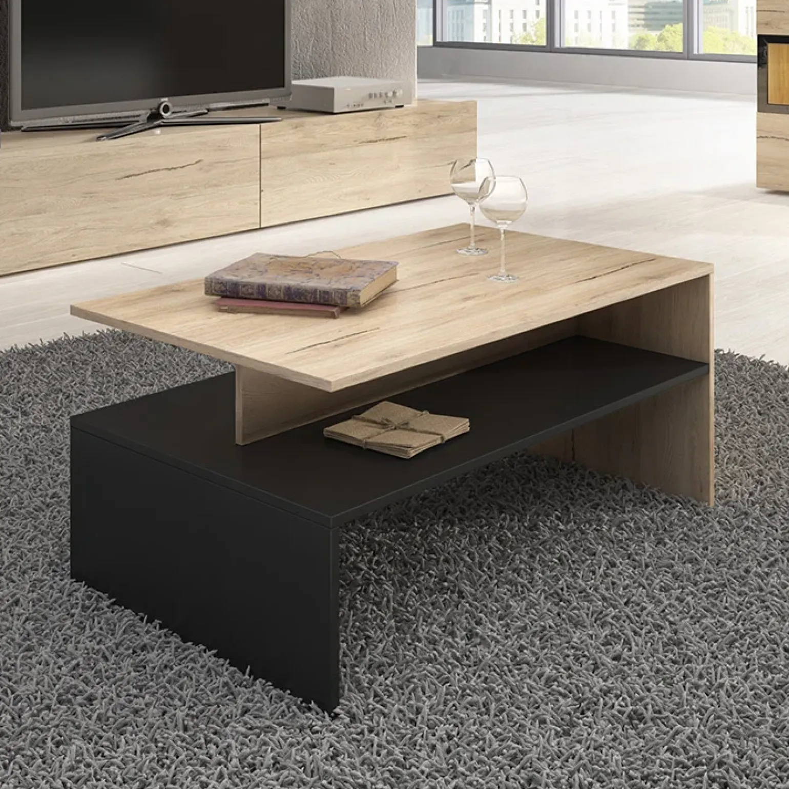 Tavolino 100x45cm da salotto design rovere e nero Emotion Gihome®