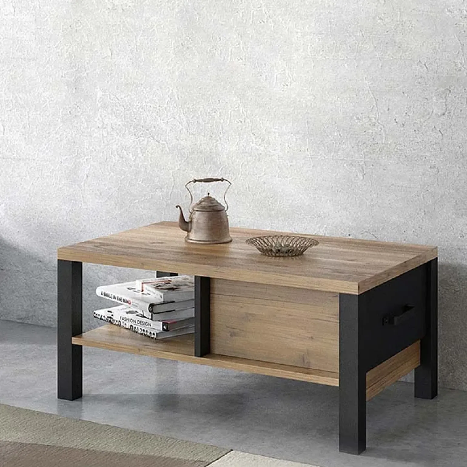 Tavolino 90x56cm da salotto moderno quercia nero opaco Nebraska