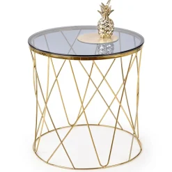 Tavolino 55x55cm da salotto rotondo design vetro acciaio oro Lenus