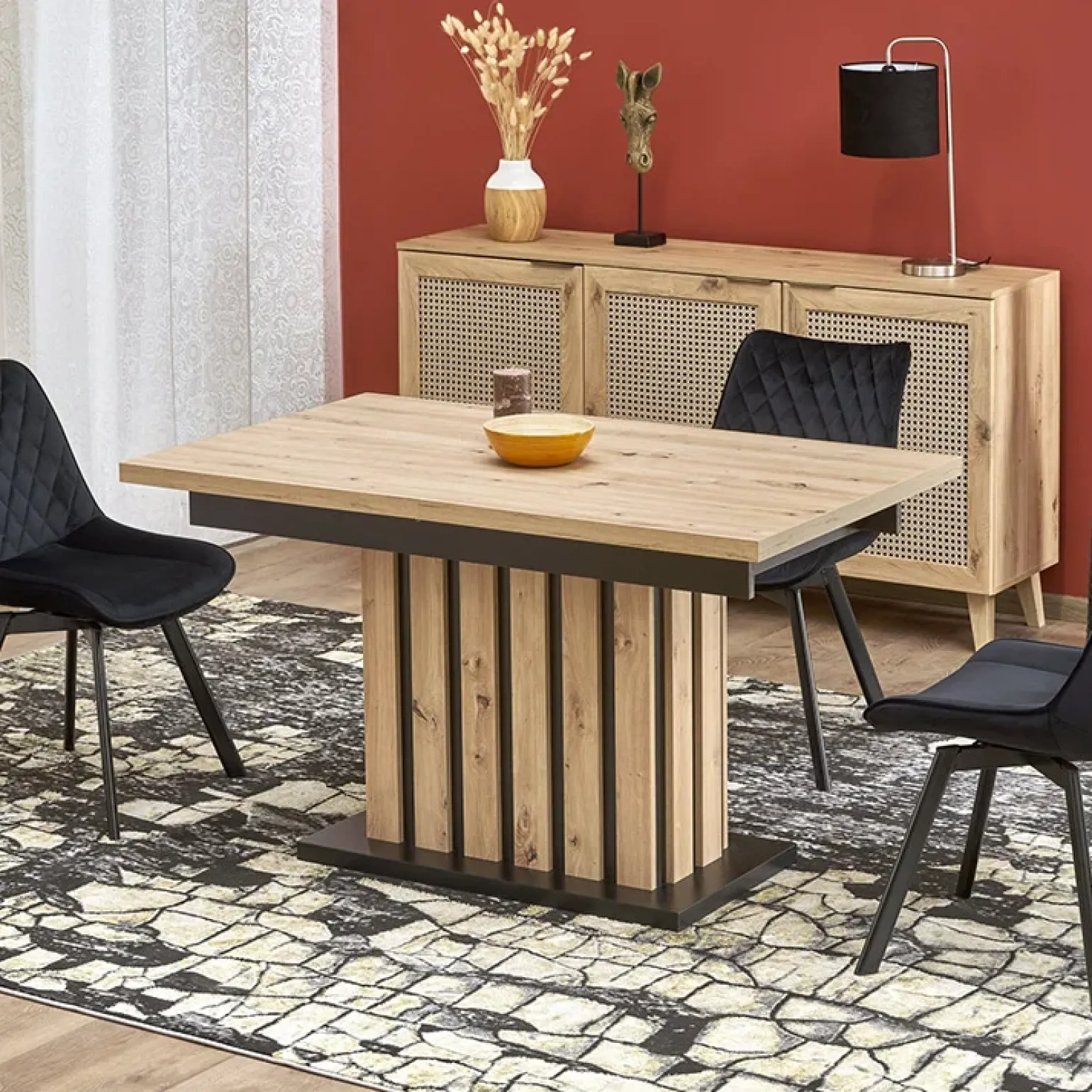Tavolo 130/180cm allungabile da pranzo rovere chiaro nero Harbin