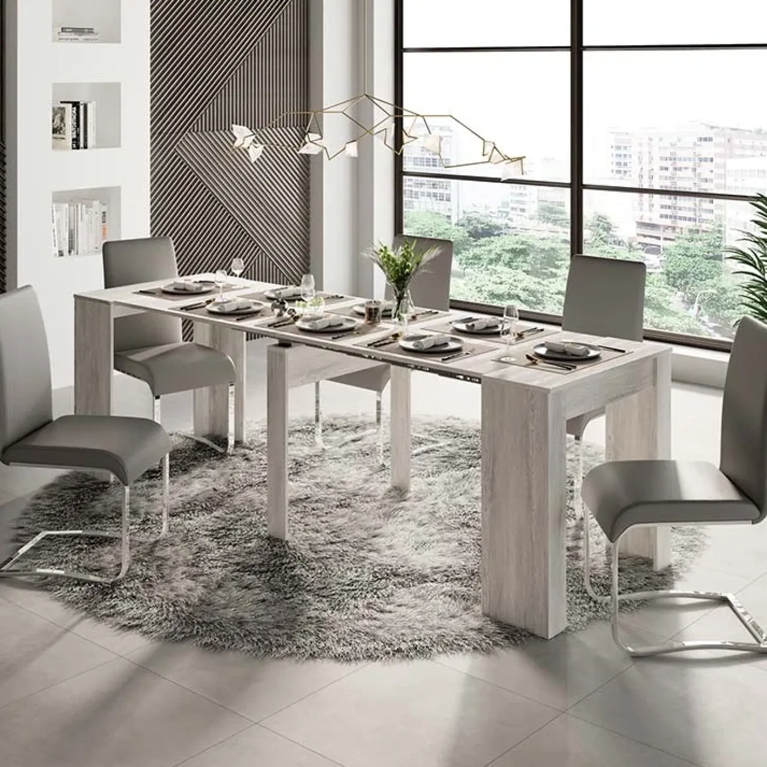 Tavolo 54/252cm consolle allungabile moderno bianco frassinato Violette