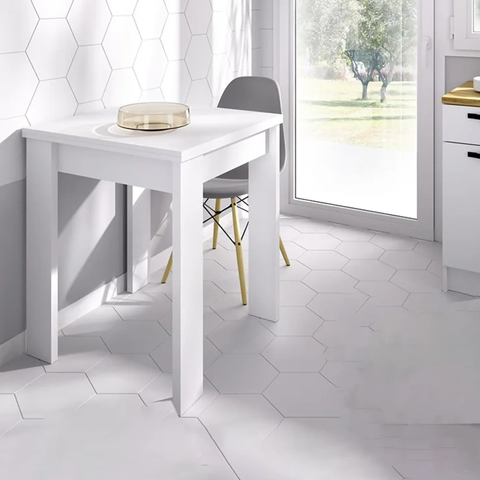 Tavolo da cucina allungabile 67-134x67cm in legno bianco Koke