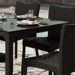 Tavolo da giardino esterno bar dehors 90x90cm polipropilene effetto rattan marrone e vetro Claro