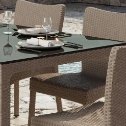 Tavolo da giardino esterno bar dehors 90x90cm polipropilene effetto rattan tortora e vetro Claro