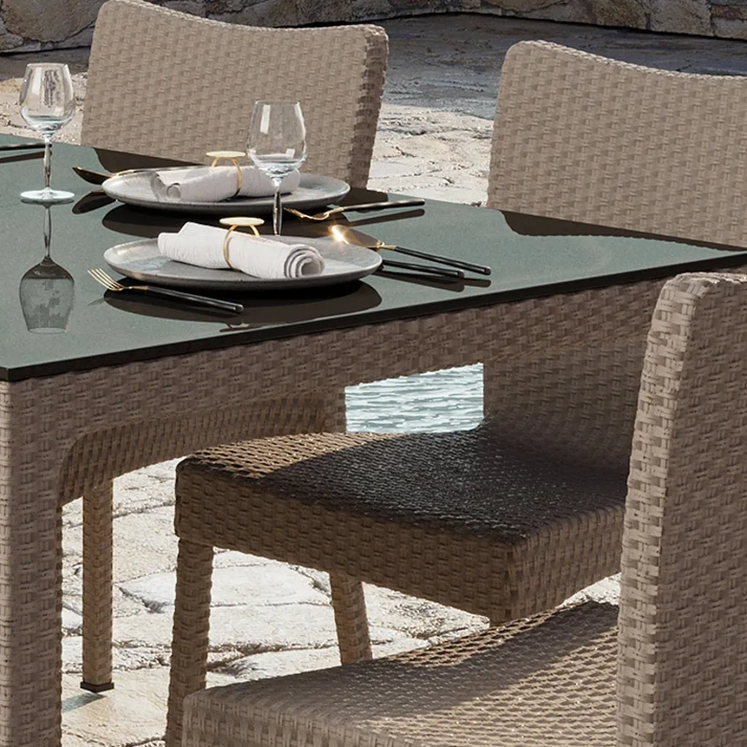 Tavolo da giardino esterno bar dehors 90x90cm polipropilene effetto rattan tortora e vetro Claro