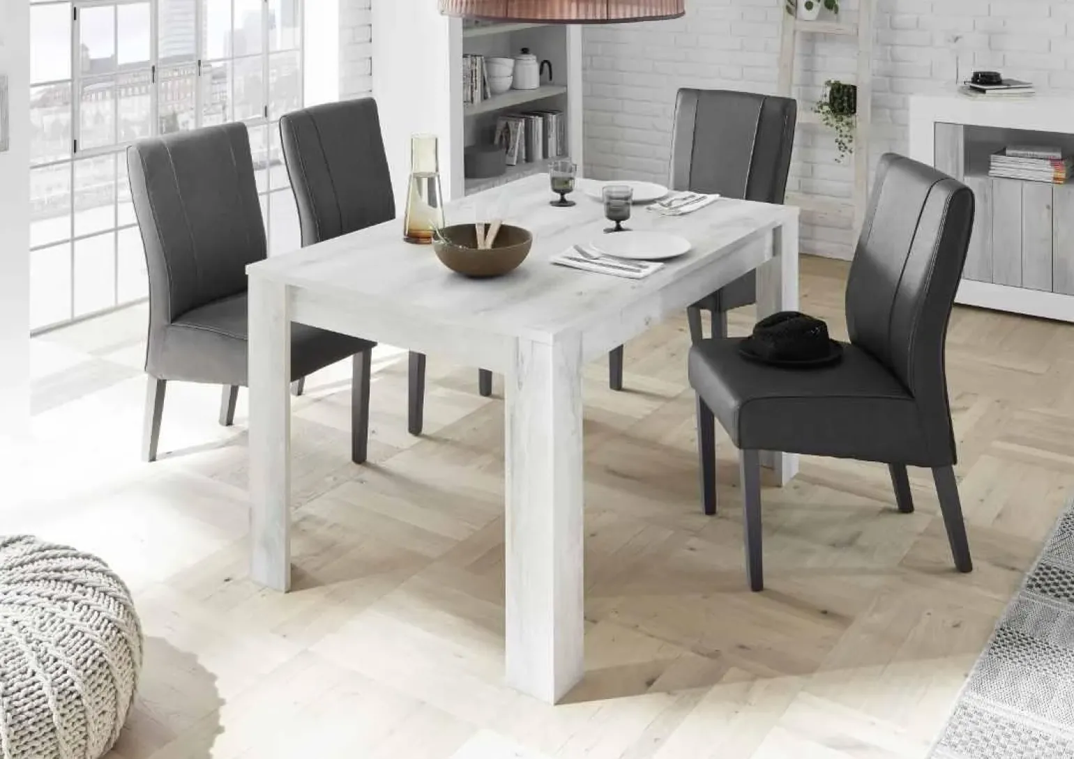 Tavolo da pranzo rettangolare industrial 180x90cm bianco pino Florena