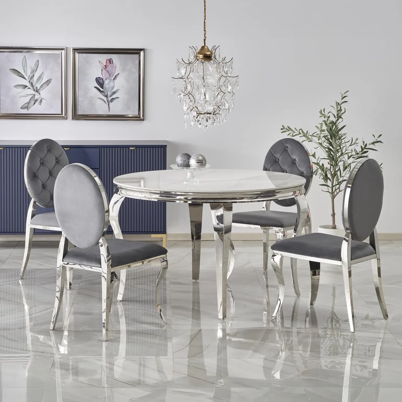 Tavolo da pranzo rotondo 120cm effetto marmo bianco cromato argento Selim