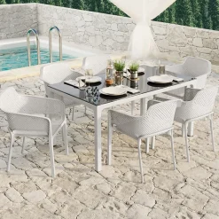 Tavolo moderno da giardino esterno bar dehors con vetro 150x90cm bianco Teodoro