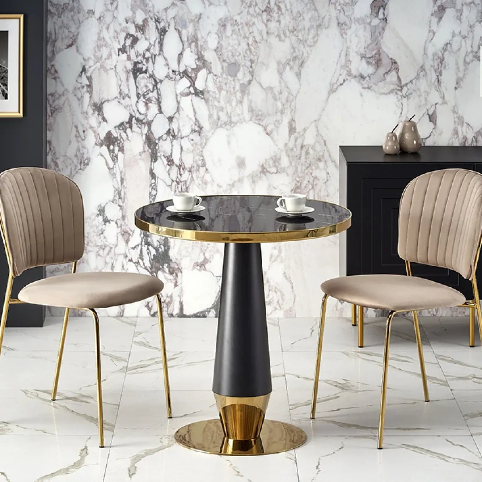 Tavolo rotondo moderno 59x74cm marmo nero oro Lugana