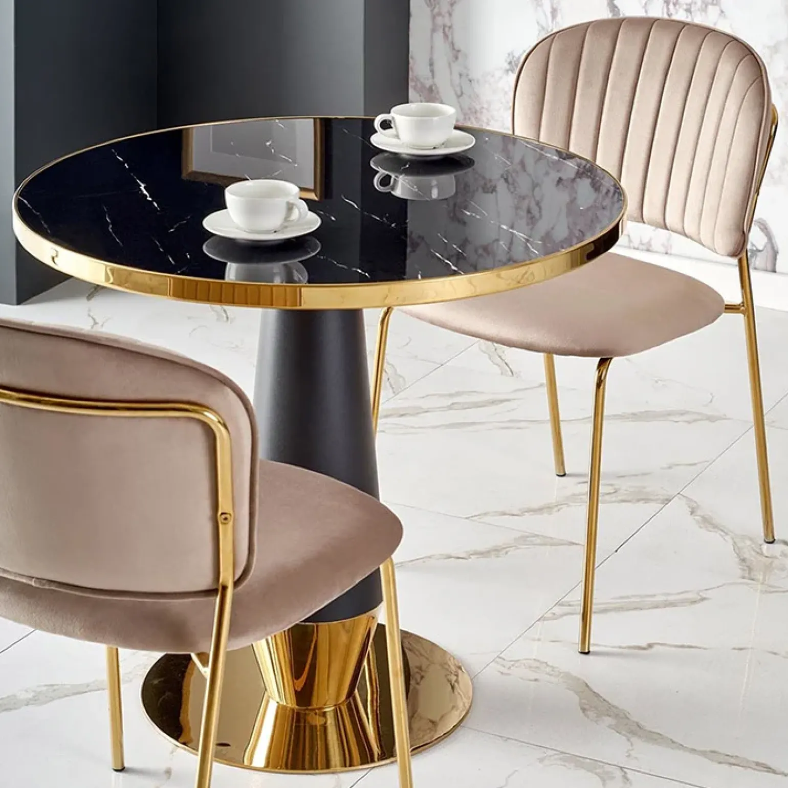 Tavolo rotondo moderno 59x74cm marmo nero oro Lugana
