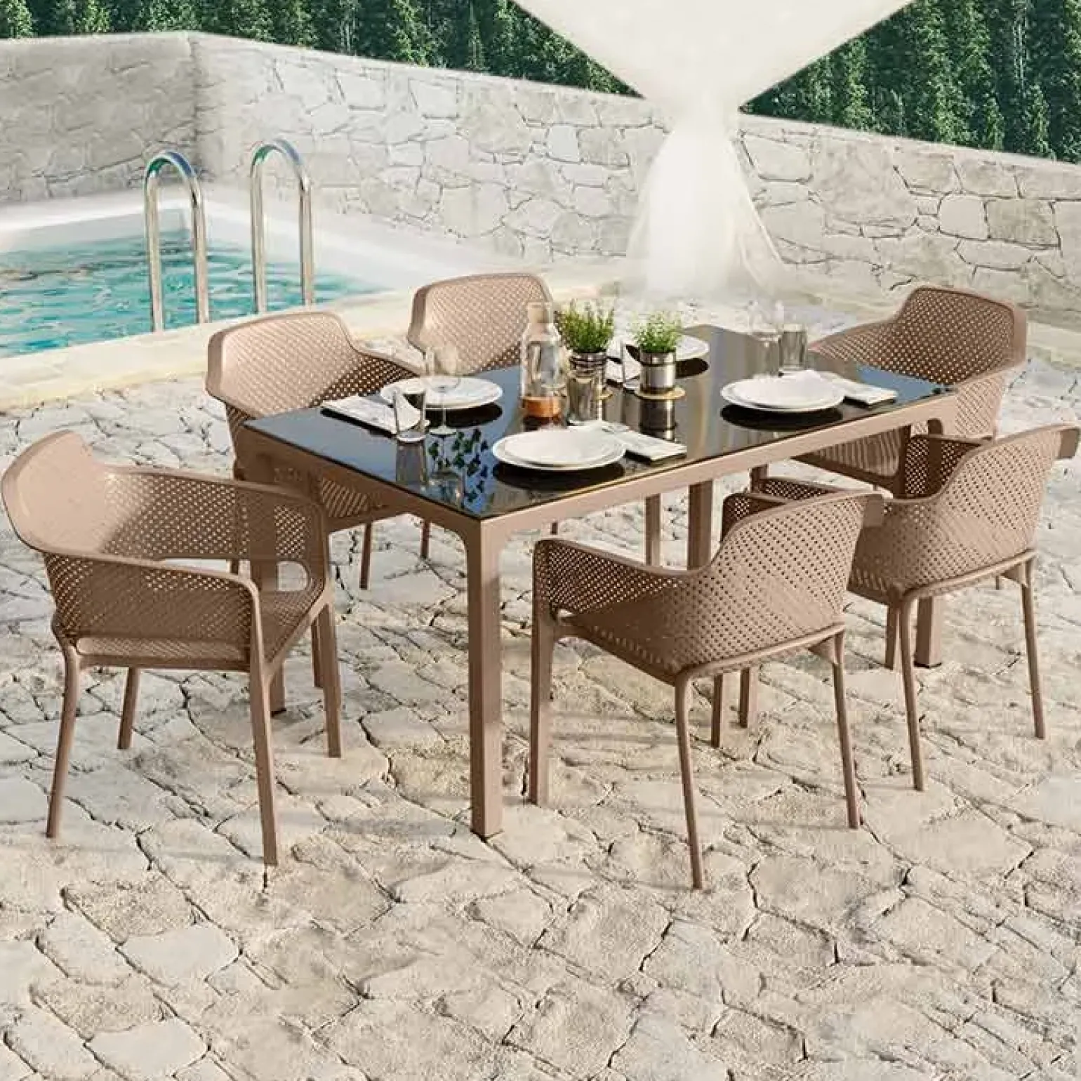 Tavolo 150x90cm da giardino esterno bar dehors tortora con vetro Teodoro
