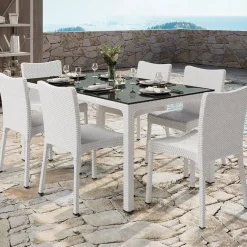 Tavolo 150x90cm da giardino esterno bar dehors polipropilene effetto rattan bianco e vetro Ezio