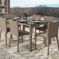 Tavolo 150x90cm da giardino esterno bar dehors polipropilene effetto rattan tortora e vetro Ezio