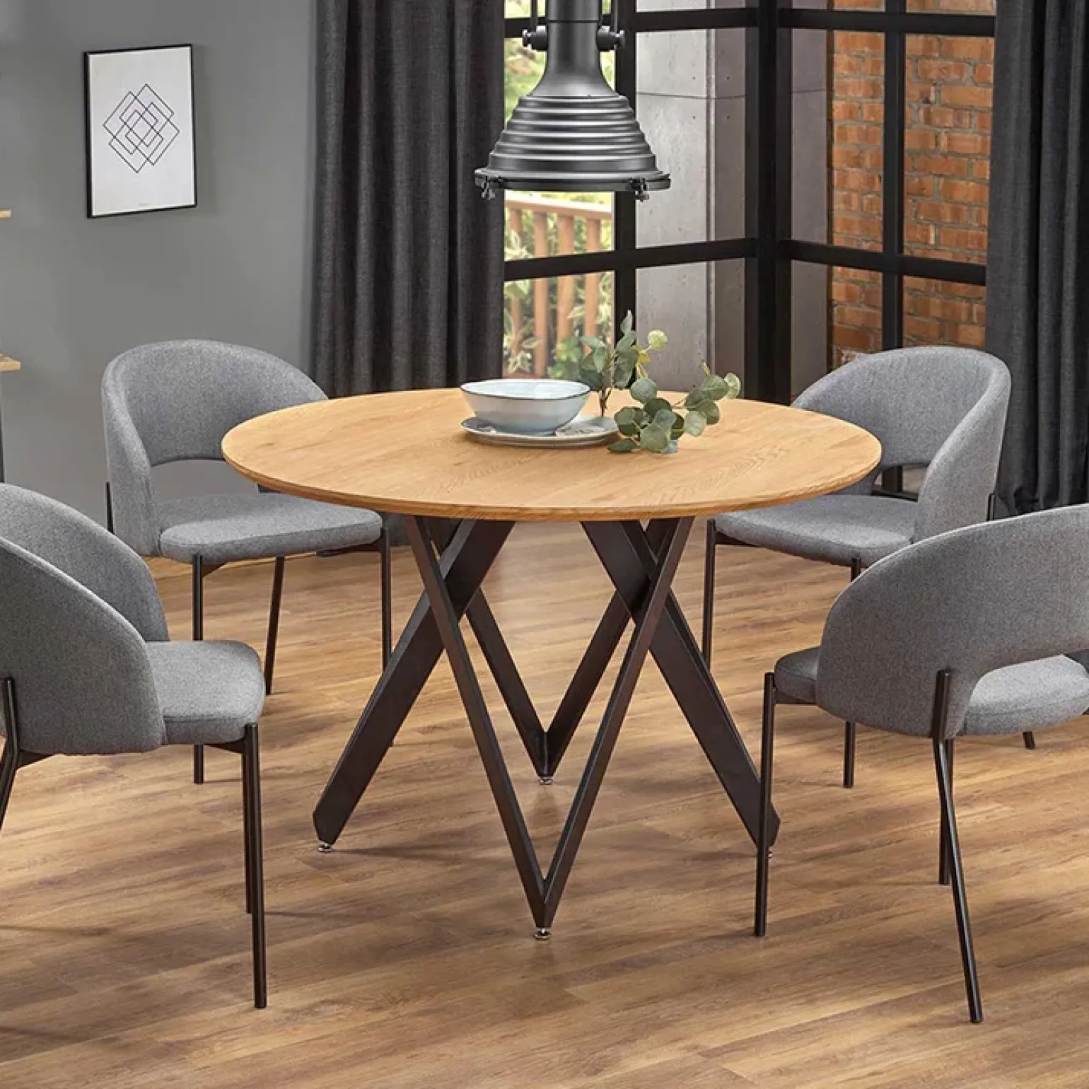 Tavolo 120x120cm da pranzo rotondo rovere miele acciaio nero Edessa
