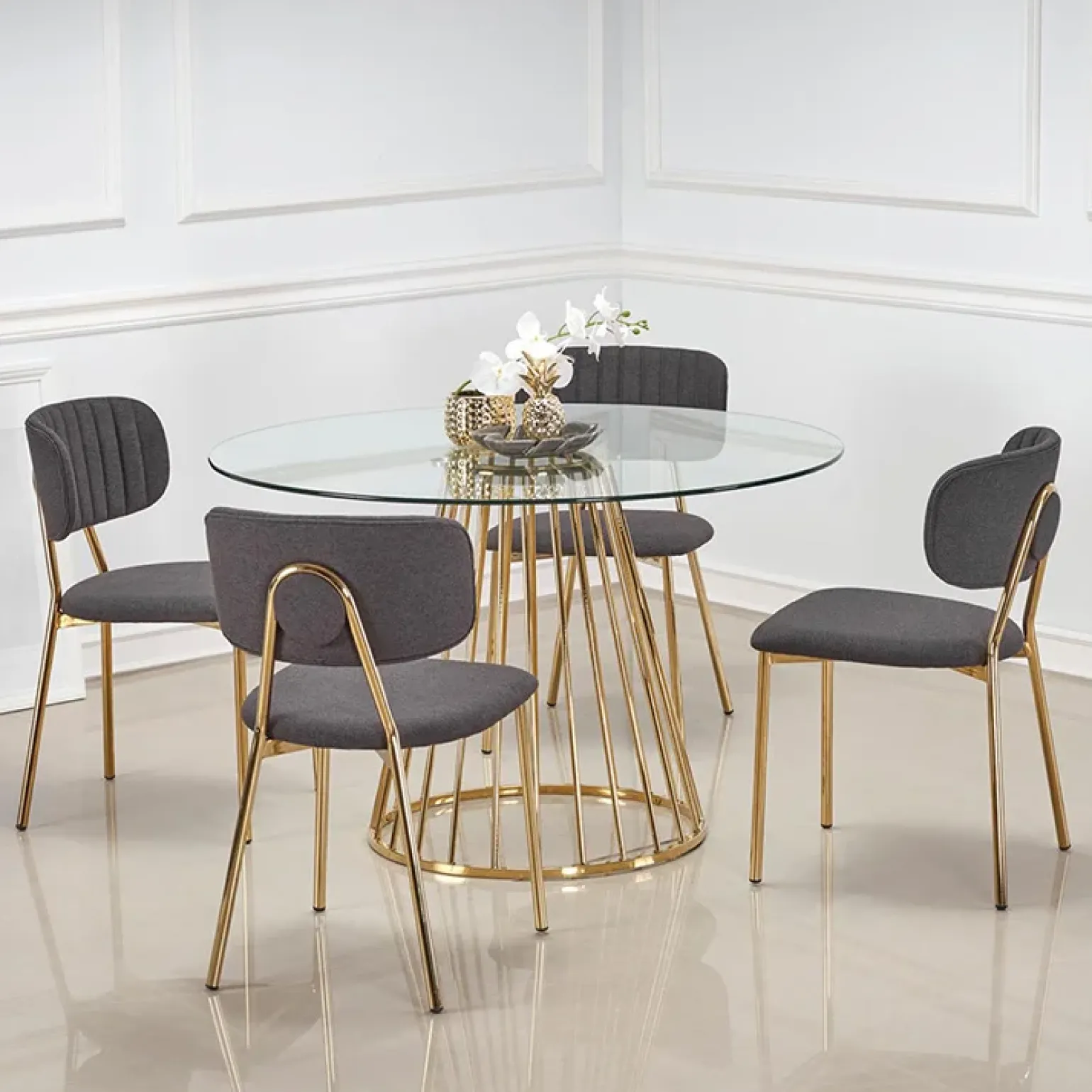Tavolo 120x120cm rotondo in vetro acciaio cromato oro Kerman
