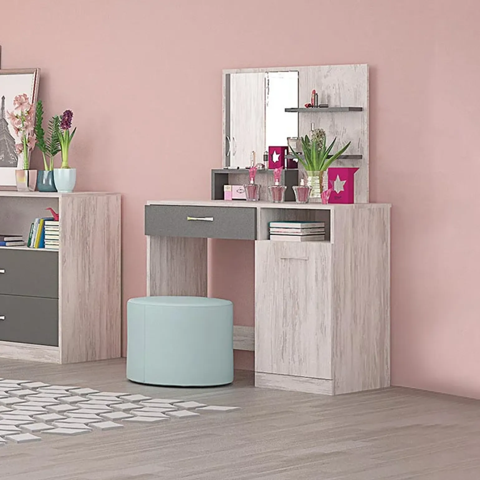 Toeletta da trucco con specchio 90x133cm bianco frassinato grigio Femme